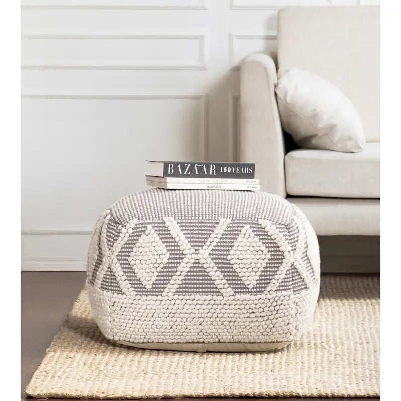 Pouf ottoman carré fait main gris et ivoire avec remplissage en billes EPP – 1 place