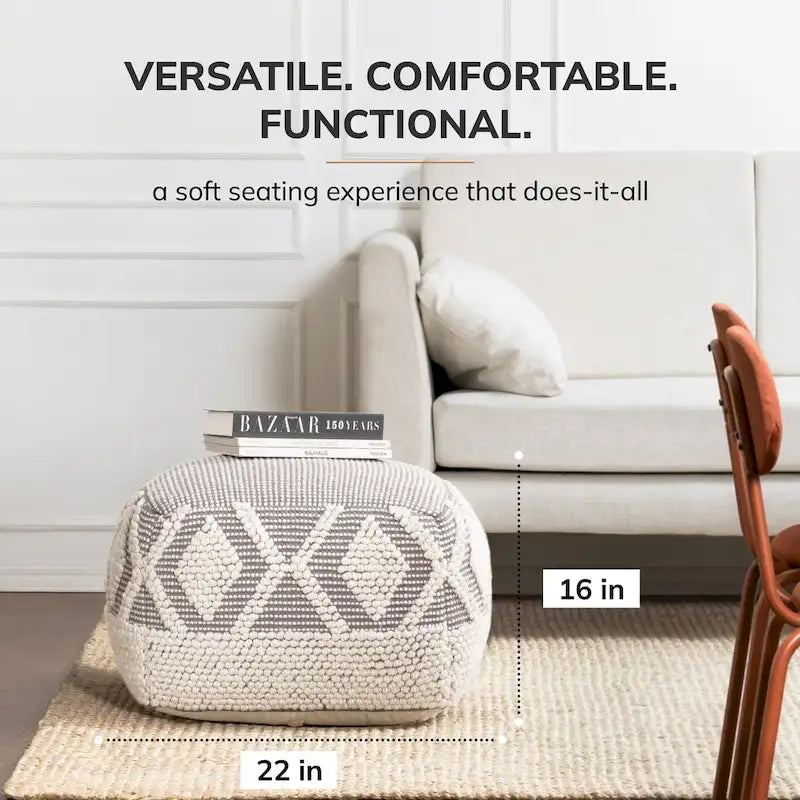 Pouf ottoman carré fait main gris et ivoire avec remplissage en billes EPP – 1 place