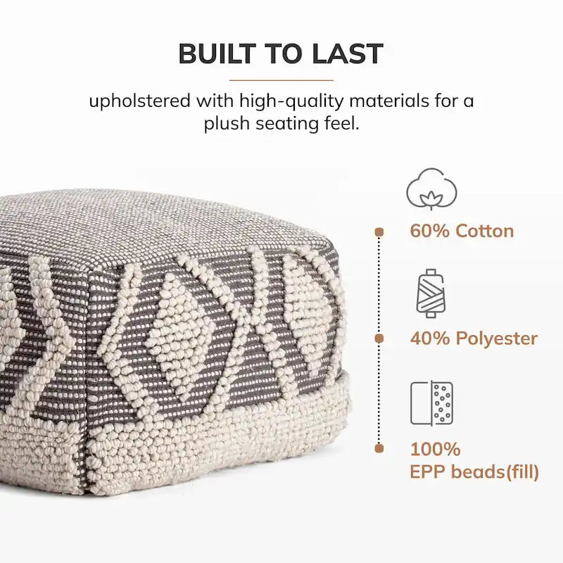 Pouf ottoman carré fait main gris et ivoire avec remplissage en billes EPP – 1 place