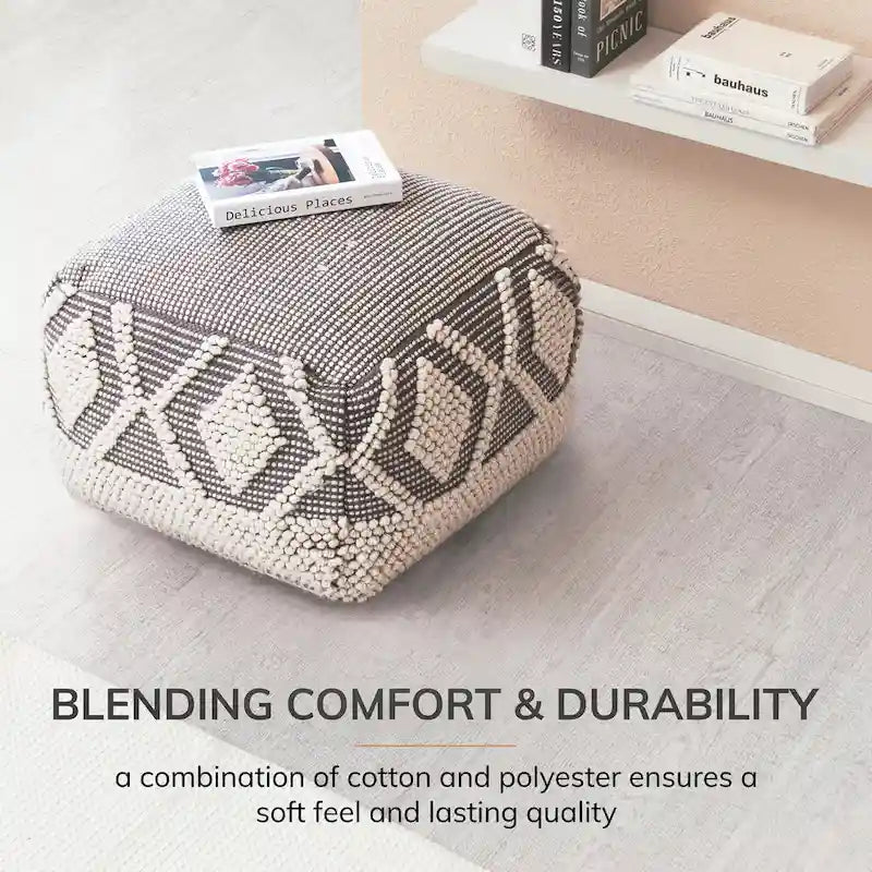 Pouf ottoman carré fait main gris et ivoire avec remplissage en billes EPP – 1 place