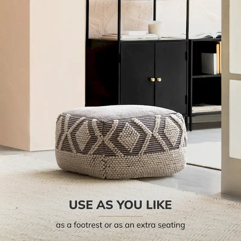 Pouf ottoman carré fait main gris et ivoire avec remplissage en billes EPP – 1 place