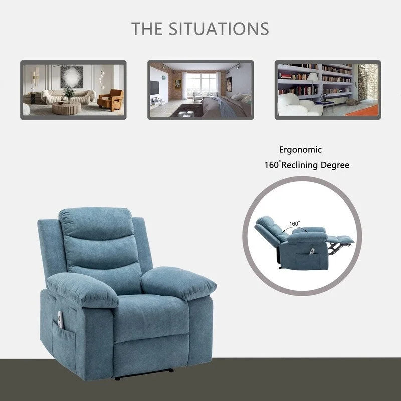 Fauteuil inclinable électrique en velours bleu/gris clair/beige avec massage et chauffage – 1 place