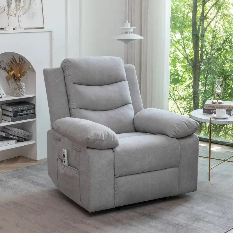 Fauteuil inclinable électrique en velours bleu/gris clair/beige avec massage et chauffage – 1 place