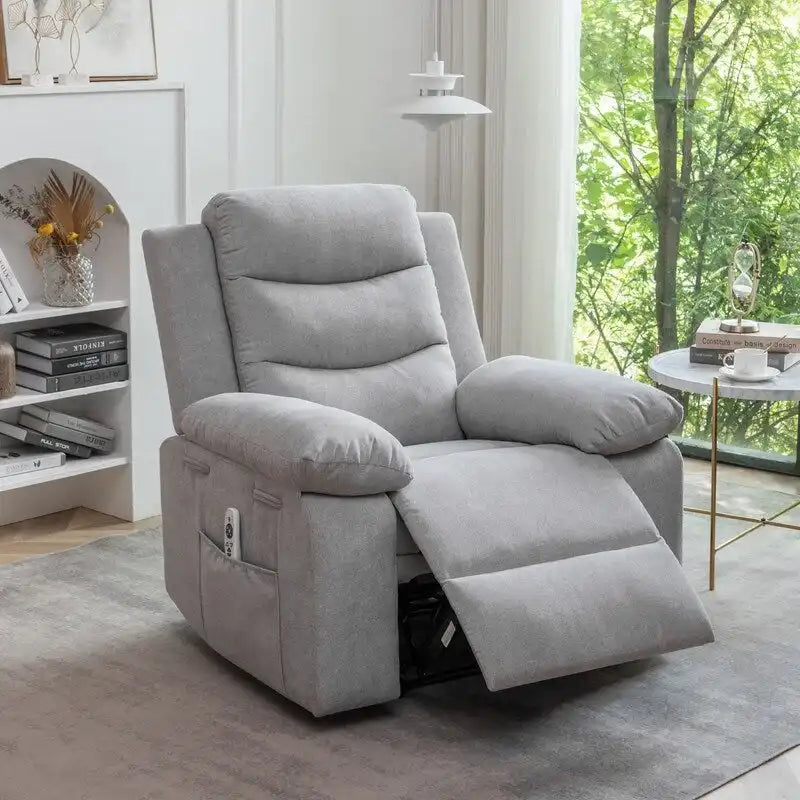 Fauteuil inclinable électrique en velours bleu/gris clair/beige avec massage et chauffage – 1 place