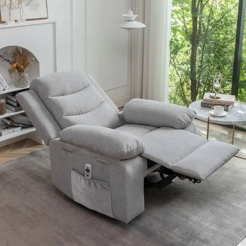 Fauteuil inclinable électrique en velours bleu/gris clair/beige avec massage et chauffage – 1 place