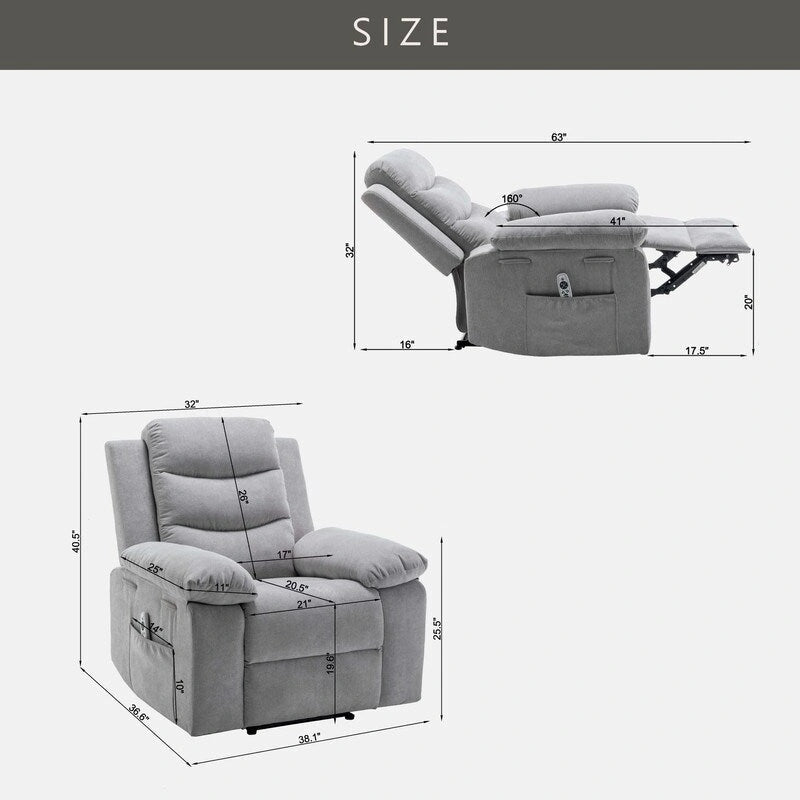 Fauteuil inclinable électrique en velours bleu/gris clair/beige avec massage et chauffage – 1 place