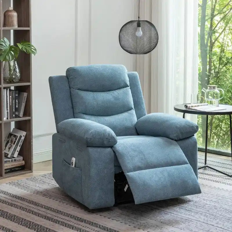 Fauteuil inclinable électrique en velours bleu/gris clair/beige avec massage et chauffage – 1 place
