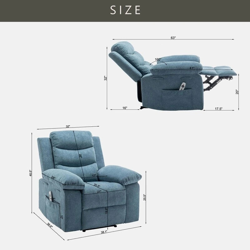 Fauteuil inclinable électrique en velours bleu/gris clair/beige avec massage et chauffage – 1 place