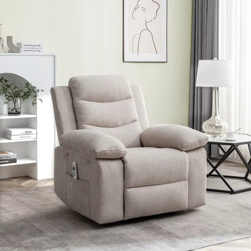 Fauteuil inclinable électrique en velours bleu/gris clair/beige avec massage et chauffage – 1 place