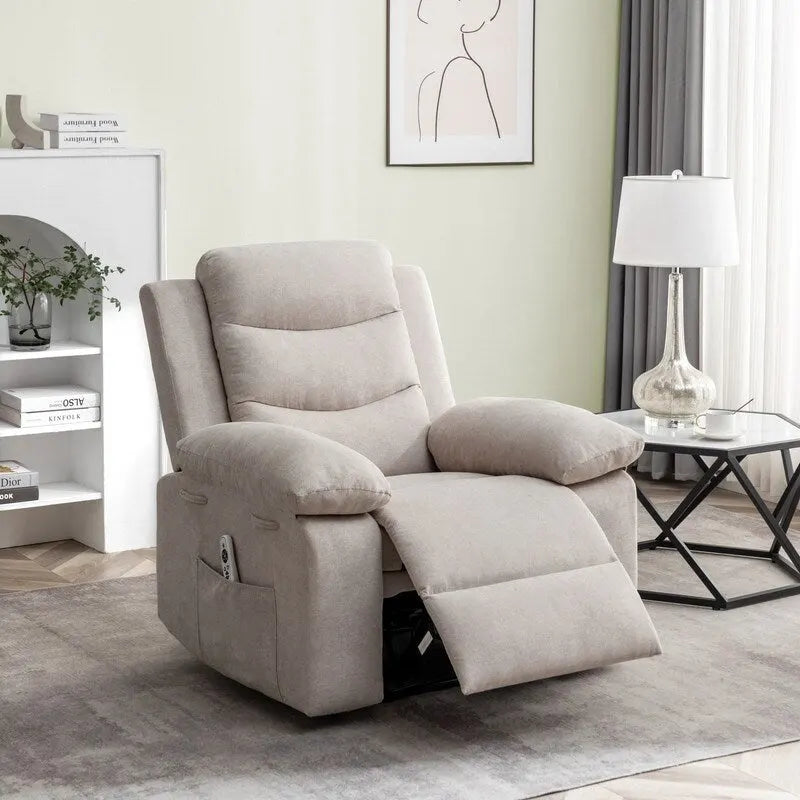 Fauteuil inclinable électrique en velours bleu/gris clair/beige avec massage et chauffage – 1 place