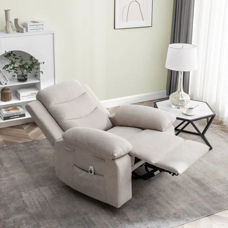 Fauteuil inclinable électrique en velours bleu/gris clair/beige avec massage et chauffage – 1 place