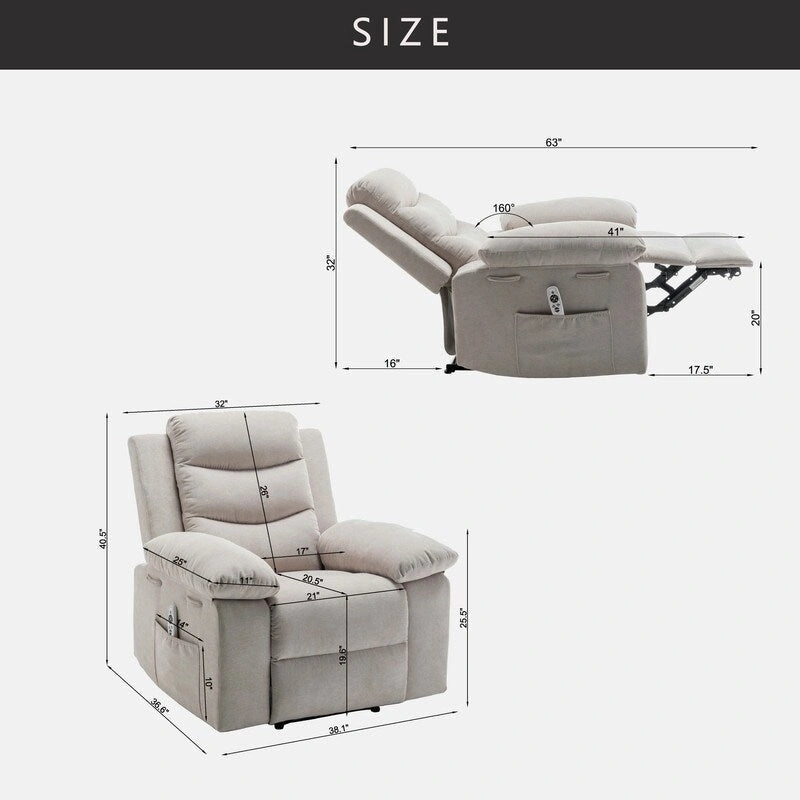 Fauteuil inclinable électrique en velours bleu/gris clair/beige avec massage et chauffage – 1 place