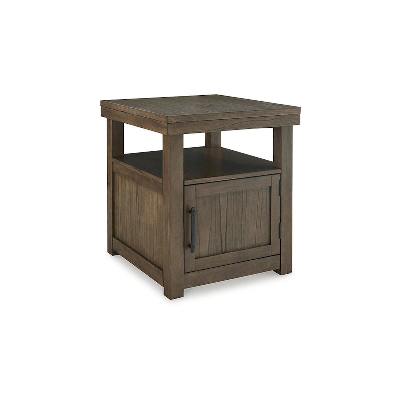 Bout de canapé en placage d'acacia brun avec meuble 1 porte et étagère ouverte