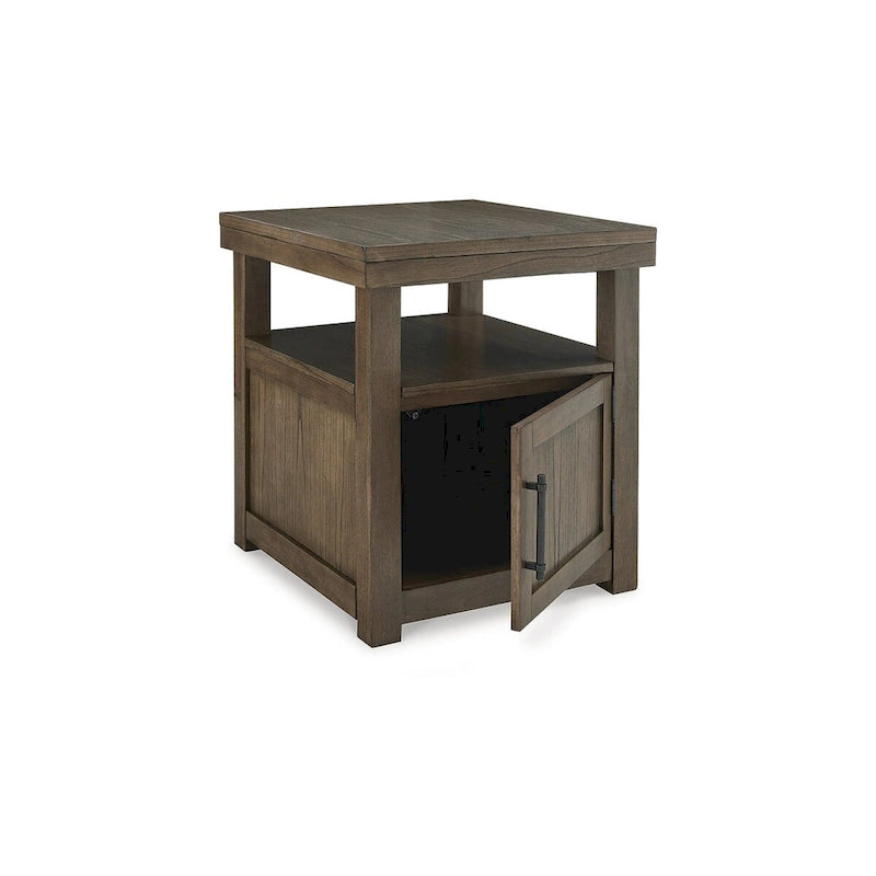 Bout de canapé en placage d'acacia brun avec meuble 1 porte et étagère ouverte