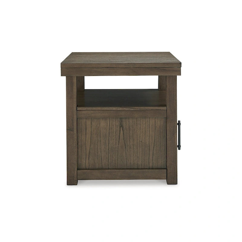 Bout de canapé en placage d'acacia brun avec meuble 1 porte et étagère ouverte