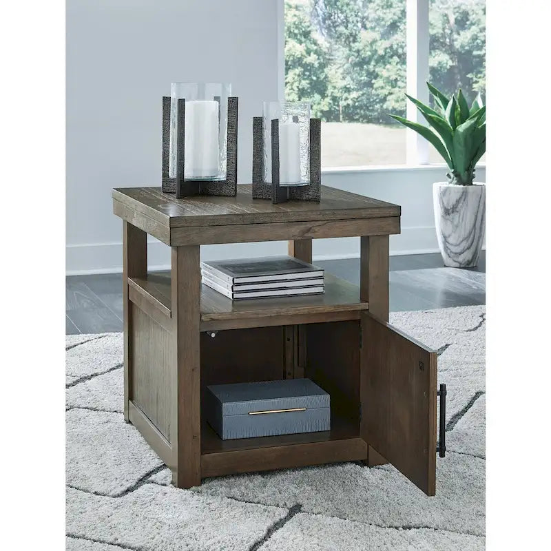 Bout de canapé en placage d'acacia brun avec meuble 1 porte et étagère ouverte