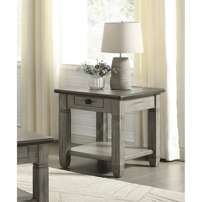 Table d'appoint bicolore blanc antique/gris antique avec tiroir à queue d'aronde et étagère inférieure – 1 pièce