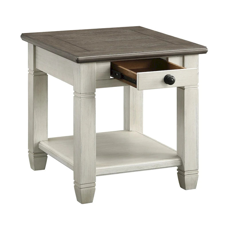 Table d'appoint bicolore blanc antique/gris antique avec tiroir à queue d'aronde et étagère inférieure – 1 pièce