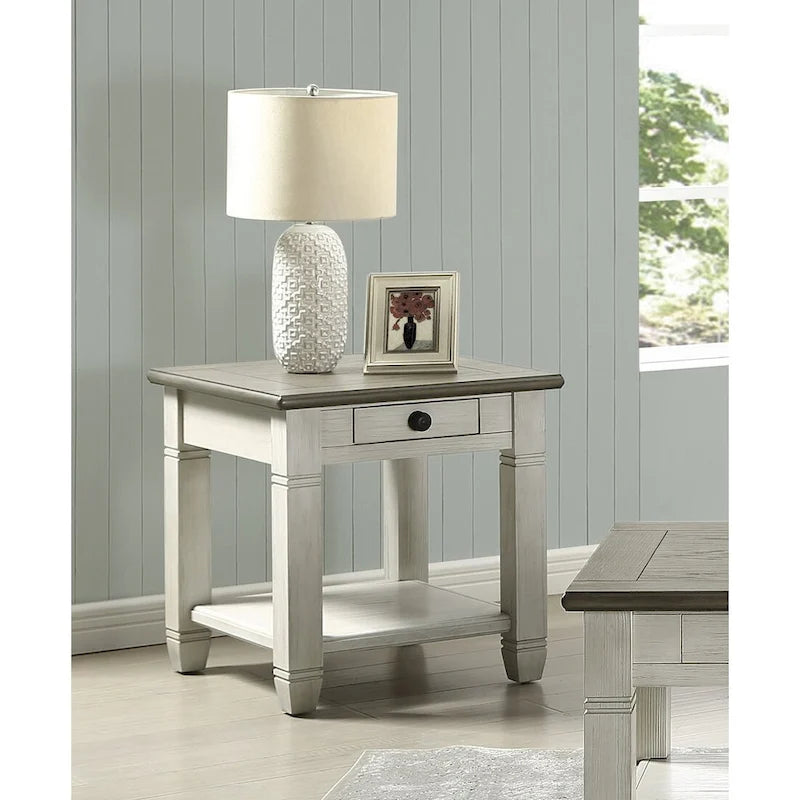 Table d'appoint bicolore blanc antique/gris antique avec tiroir à queue d'aronde et étagère inférieure – 1 pièce