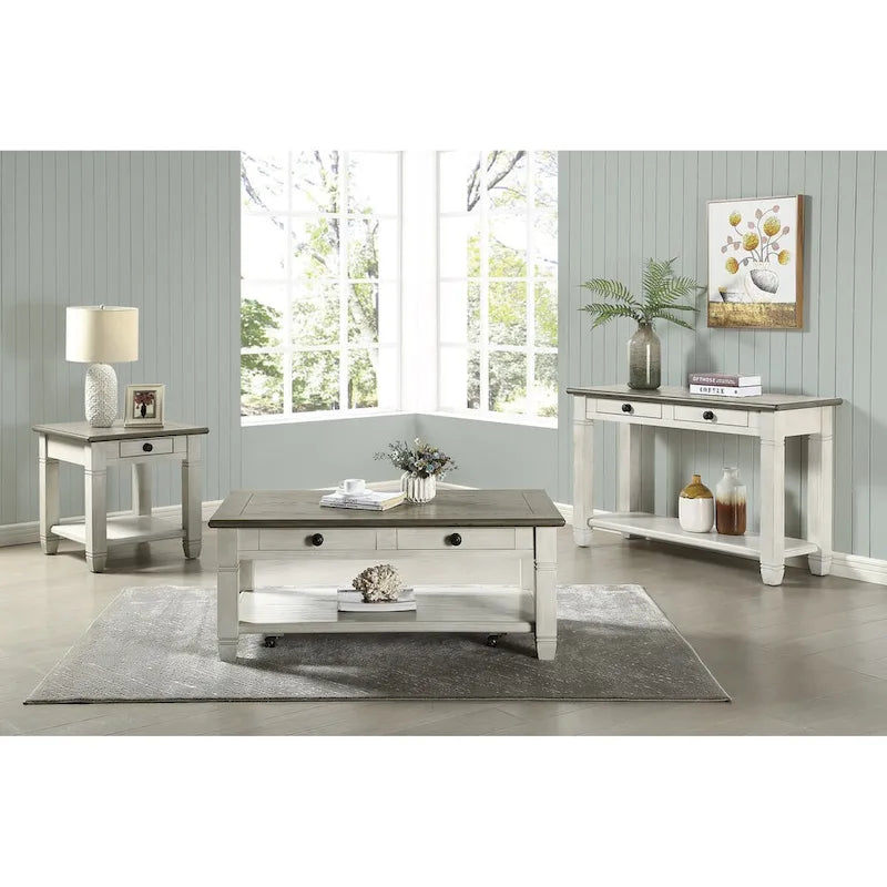 Table d'appoint bicolore blanc antique/gris antique avec tiroir à queue d'aronde et étagère inférieure – 1 pièce
