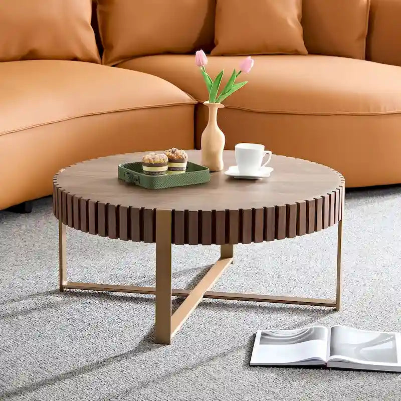 Table Basse Ronde Noyer / Frêne Naturel / Noir avec Surface en Relief Bois et Piétement Socle en Acier Inoxydable