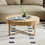 Table Basse Ronde Noyer / Frêne Naturel / Noir avec Surface en Relief Bois et Piétement Socle en Acier Inoxydable