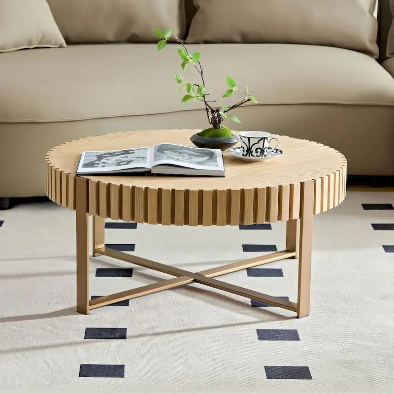 Table Basse Ronde Noyer / Frêne Naturel / Noir avec Surface en Relief Bois et Piétement Socle en Acier Inoxydable