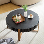 Table Basse Ronde Noyer / Frêne Naturel / Noir avec Surface en Relief Bois et Piétement Socle en Acier Inoxydable