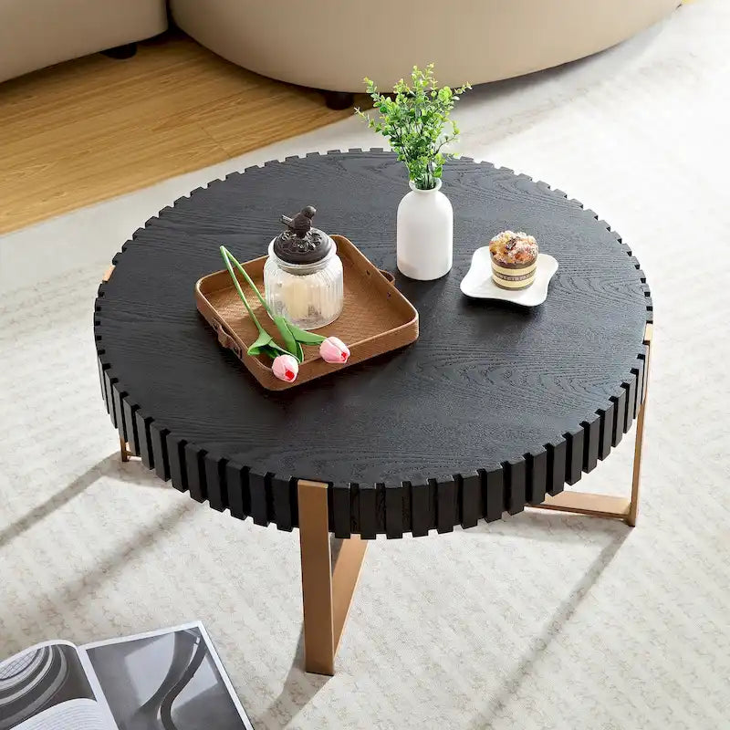 Table Basse Ronde Noyer / Frêne Naturel / Noir avec Surface en Relief Bois et Piétement Socle en Acier Inoxydable