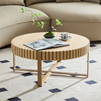 Table Basse Ronde Noyer / Frêne Naturel / Noir avec Surface en Relief Bois et Piétement Socle en Acier Inoxydable