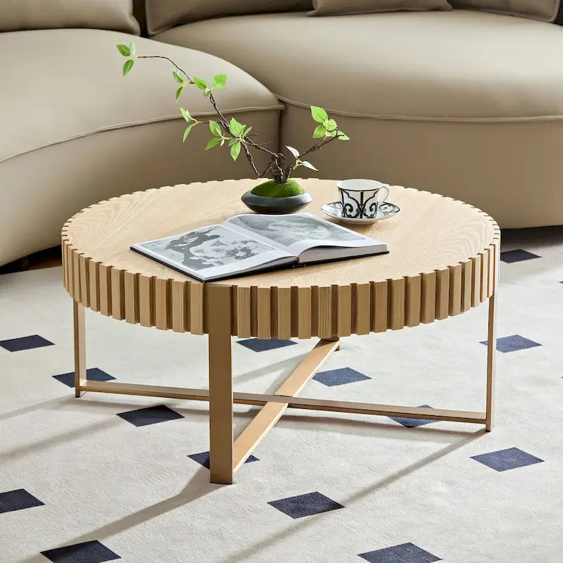 Table Basse Ronde Noyer / Frêne Naturel / Noir avec Surface en Relief Bois et Piétement Socle en Acier Inoxydable