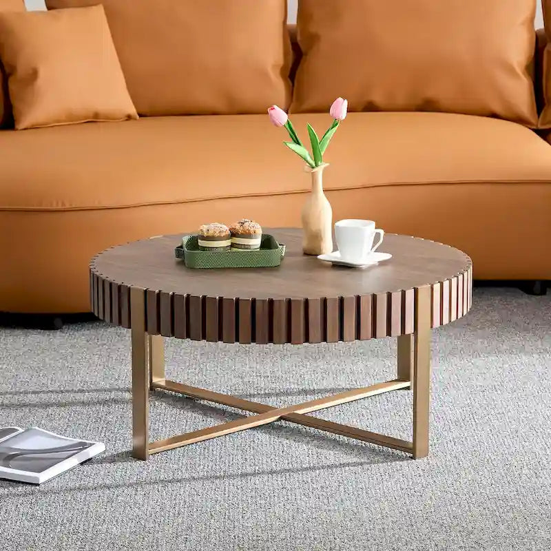Table Basse Ronde Noyer / Frêne Naturel / Noir avec Surface en Relief Bois et Piétement Socle en Acier Inoxydable