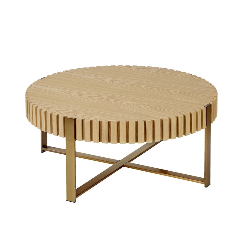 Table Basse Ronde Noyer / Frêne Naturel / Noir avec Surface en Relief Bois et Piétement Socle en Acier Inoxydable