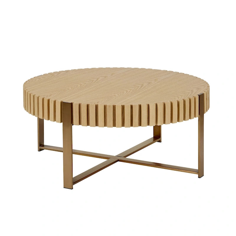 Table Basse Ronde Noyer / Frêne Naturel / Noir avec Surface en Relief Bois et Piétement Socle en Acier Inoxydable