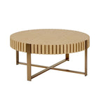 Table Basse Ronde Noyer / Frêne Naturel / Noir avec Surface en Relief Bois et Piétement Socle en Acier Inoxydable