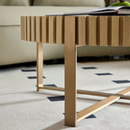 Table Basse Ronde Noyer / Frêne Naturel / Noir avec Surface en Relief Bois et Piétement Socle en Acier Inoxydable
