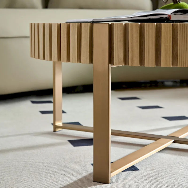 Table Basse Ronde Noyer / Frêne Naturel / Noir avec Surface en Relief Bois et Piétement Socle en Acier Inoxydable