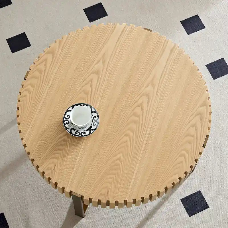 Table Basse Ronde Noyer / Frêne Naturel / Noir avec Surface en Relief Bois et Piétement Socle en Acier Inoxydable