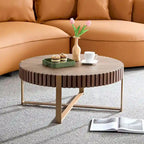 Table Basse Ronde Noyer / Frêne Naturel / Noir avec Surface en Relief Bois et Piétement Socle en Acier Inoxydable