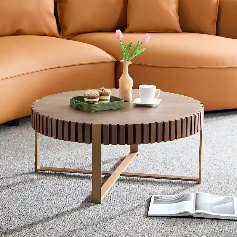 Table Basse Ronde Noyer / Frêne Naturel / Noir avec Surface en Relief Bois et Piétement Socle en Acier Inoxydable