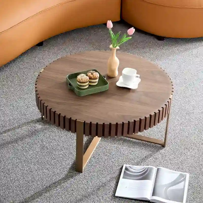 Table Basse Ronde Noyer / Frêne Naturel / Noir avec Surface en Relief Bois et Piétement Socle en Acier Inoxydable