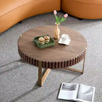 Table Basse Ronde Noyer / Frêne Naturel / Noir avec Surface en Relief Bois et Piétement Socle en Acier Inoxydable