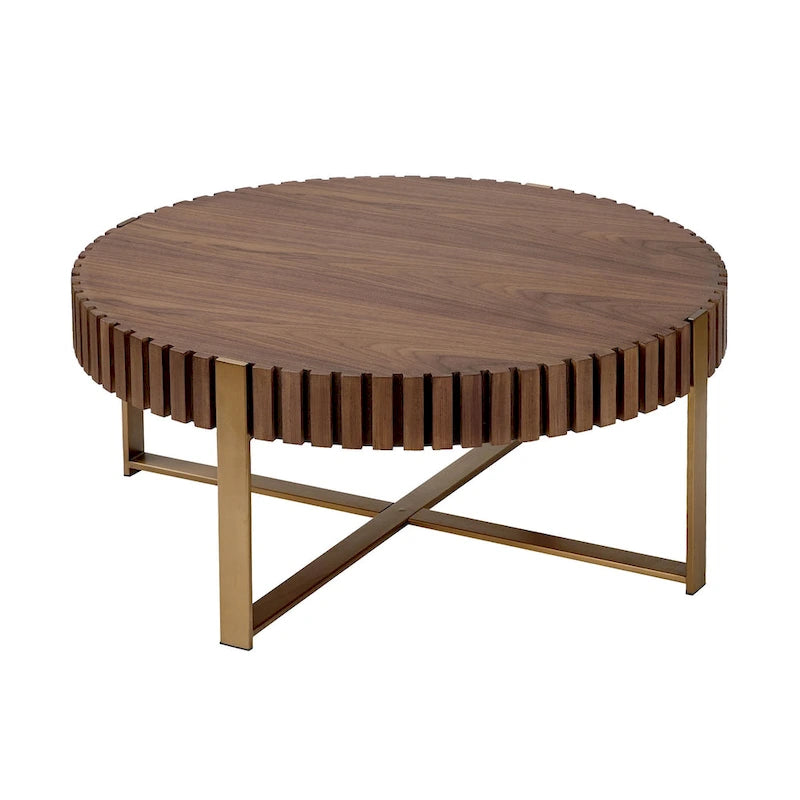 Table Basse Ronde Noyer / Frêne Naturel / Noir avec Surface en Relief Bois et Piétement Socle en Acier Inoxydable