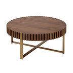 Table Basse Ronde Noyer / Frêne Naturel / Noir avec Surface en Relief Bois et Piétement Socle en Acier Inoxydable