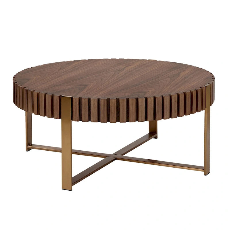 Table Basse Ronde Noyer / Frêne Naturel / Noir avec Surface en Relief Bois et Piétement Socle en Acier Inoxydable