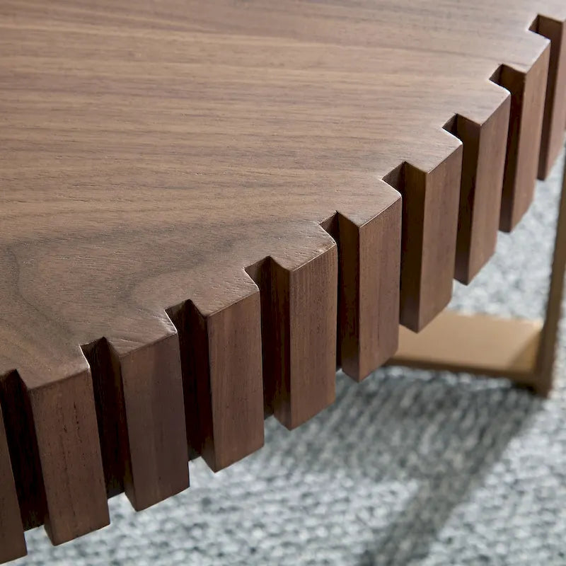 Table Basse Ronde Noyer / Frêne Naturel / Noir avec Surface en Relief Bois et Piétement Socle en Acier Inoxydable