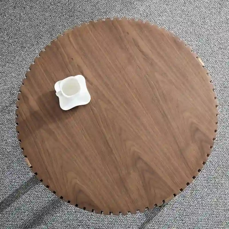 Table Basse Ronde Noyer / Frêne Naturel / Noir avec Surface en Relief Bois et Piétement Socle en Acier Inoxydable