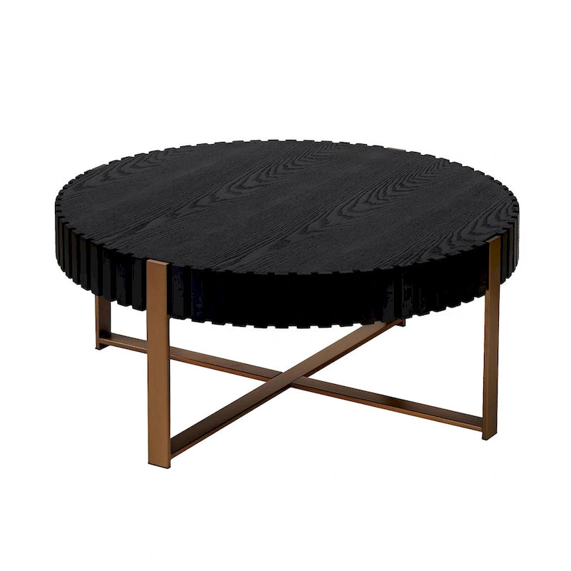 Table Basse Ronde Noyer / Frêne Naturel / Noir avec Surface en Relief Bois et Piétement Socle en Acier Inoxydable