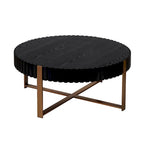 Table Basse Ronde Noyer / Frêne Naturel / Noir avec Surface en Relief Bois et Piétement Socle en Acier Inoxydable