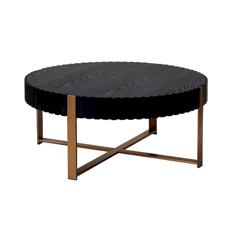 Table Basse Ronde Noyer / Frêne Naturel / Noir avec Surface en Relief Bois et Piétement Socle en Acier Inoxydable